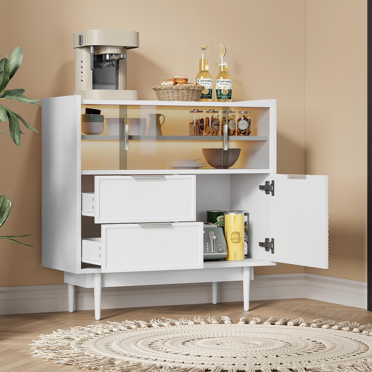SIDEBOARD in Weiß Aufbewahrungsschrank , mit LED-Lichtleiste Glastür Stauraum Badmöbel B80/T35/H80cm - Transparent/Weiß, Glas/Holzwerkstoff (80/80/35cm) - STILVORA