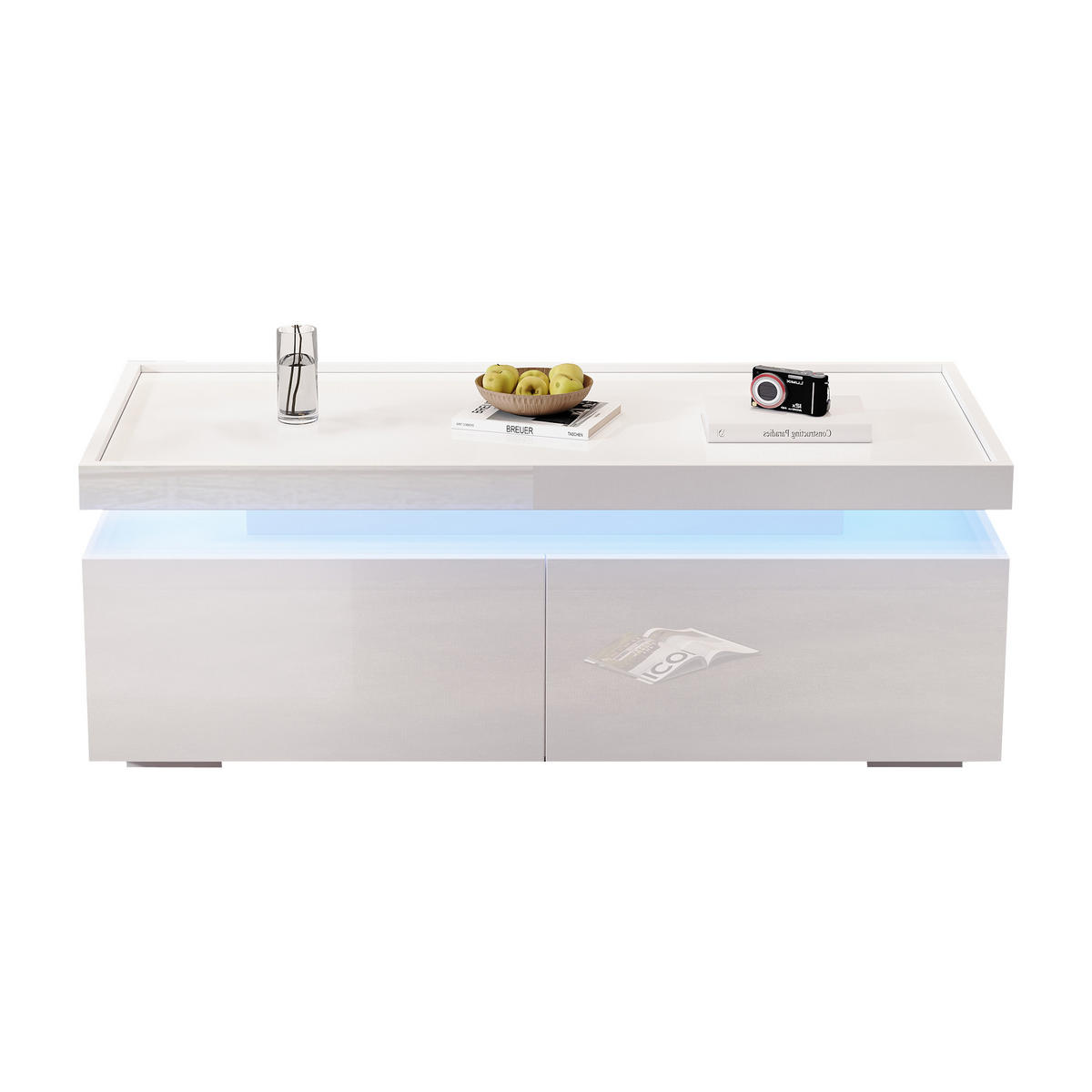 COUCHTISCH 95/45/35 cm weiß aus Spanplatte mit LED und 2 Schubladen - Weiß, Holzwerkstoff (95/45/35cm) - OKWISH