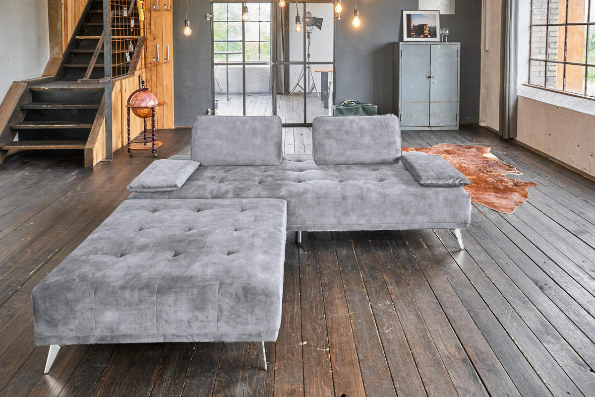 SOFA MIT HOCKER WIOLO Grau Velvet - Silberfarben/Grau, Textil/Metall (240/80/110cm) - KAWOLA
