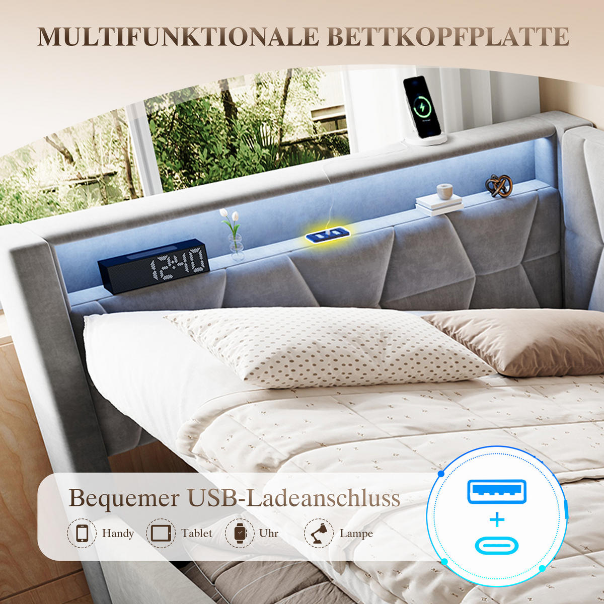 BOXBETT 140/200cm, LED/USB-C, Bettkasten, Lattenrost, Dunkelgrau - Dunkelgrau, Holz/Metall (140/200cm) - LVHOM