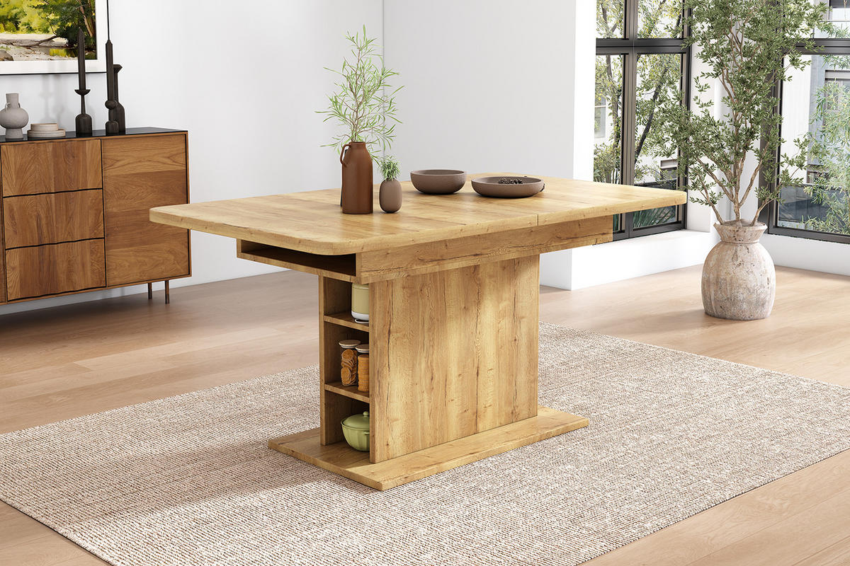 ESSTISCH 130/70/75 cm natur aus Spanplatte mit ausziehbarer Tischplatte und Stauraum - Naturfarben, Holzwerkstoff (130/70/75cm) - OKWISH