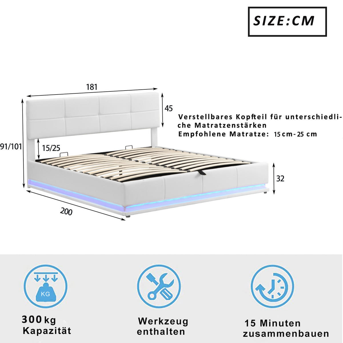 POLSTERBETT mit LED-Beleuchtung 180/200 cm mit Bettkasten & höhenverstellbarem Kopfteil - Weiß, Textil (180/200cm) - BEAOK