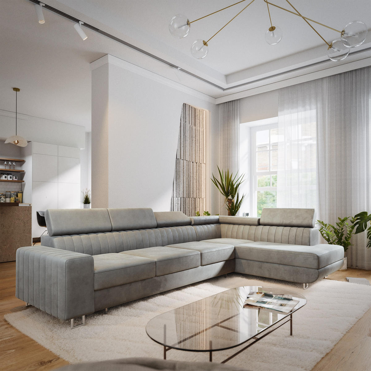 ECKSOFA HESTION Hellgrau Velours-Stoff mit Schlaffunktion - Hellgrau, Holz (332/190cm) - MASSENO