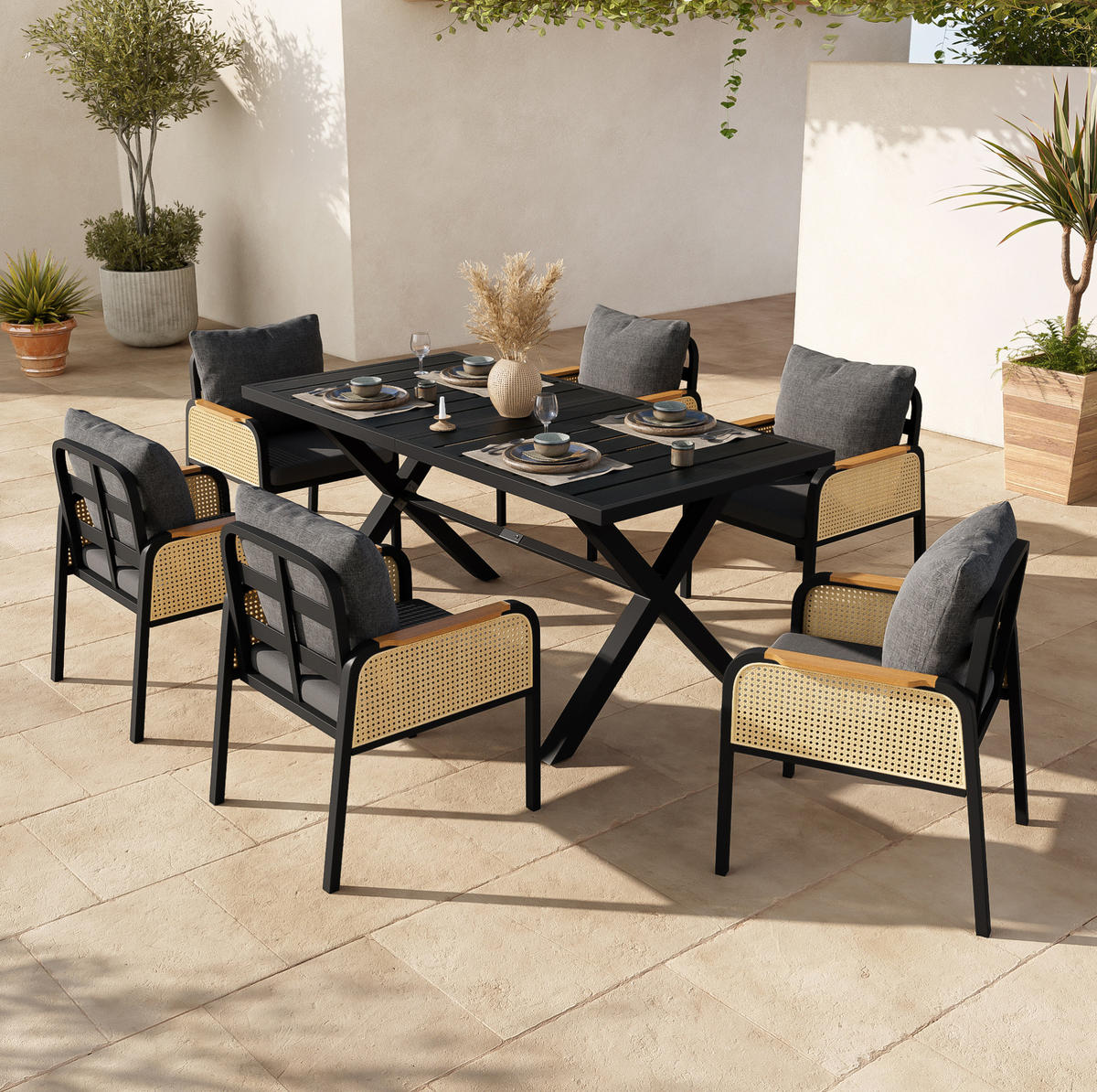 GARTENMÖBELSET 148/80/75 cm schwarz/natur aus Eisen mit 6 Stühlen - Naturfarben, Metall - OKWISH