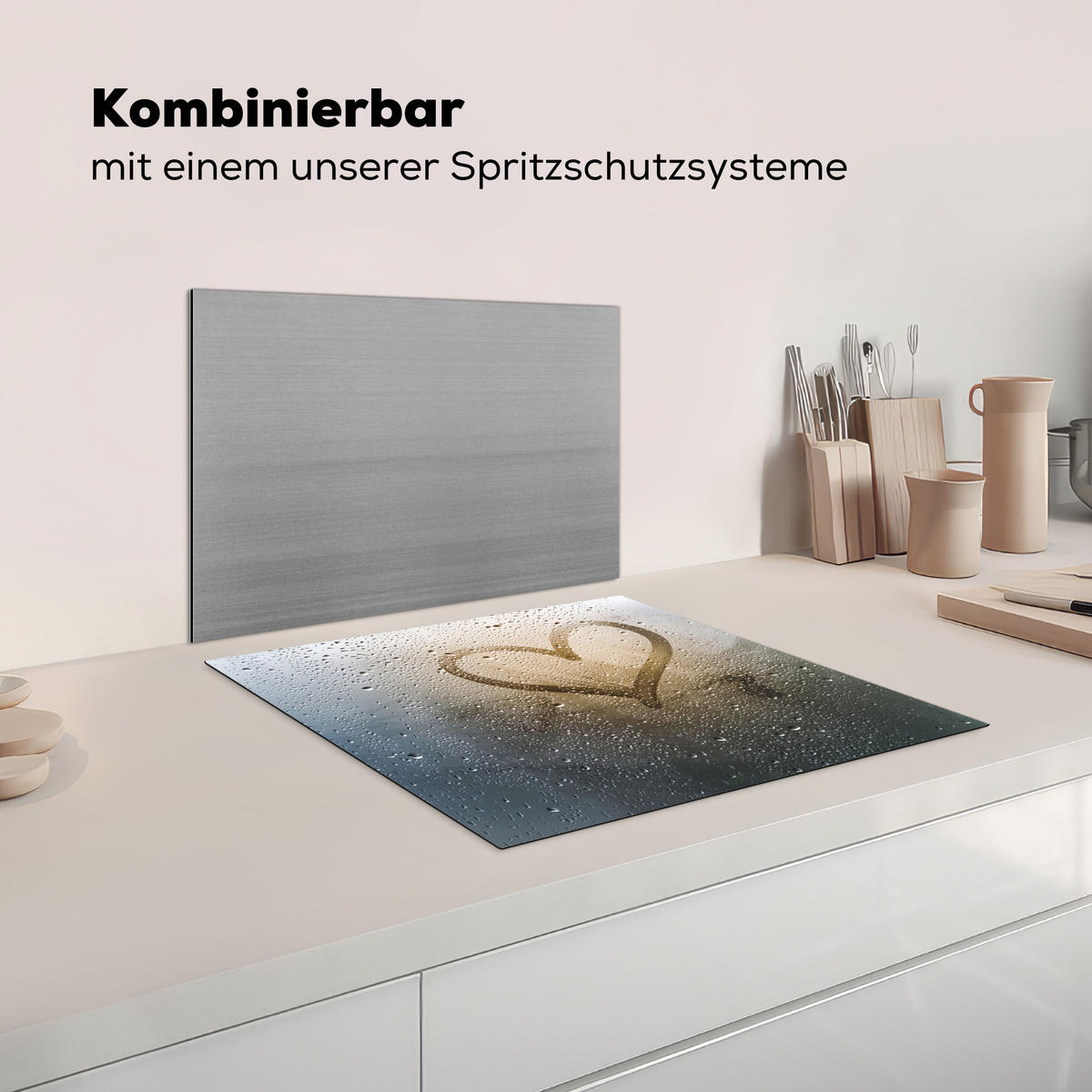 HERDABDECKPLATTE Herz - Kondenswasser - Wasser - 3D Ceranfeldabdeckung 59x52 cm - Grau, Kunststoff (59/52/0.2cm) - MuchoWow