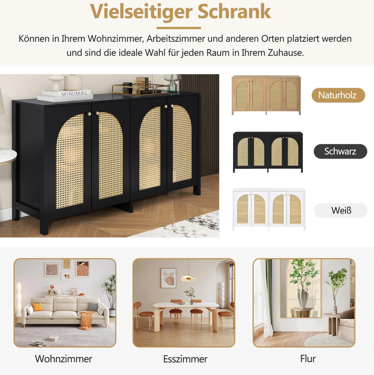 SIDEBOARD mit 4 Türen, verstellbarem Einlegeboden und Kunst-Rattan-Fronten, Schwarz - Schwarz, Holzwerkstoff (145/40/80cm) - Redom