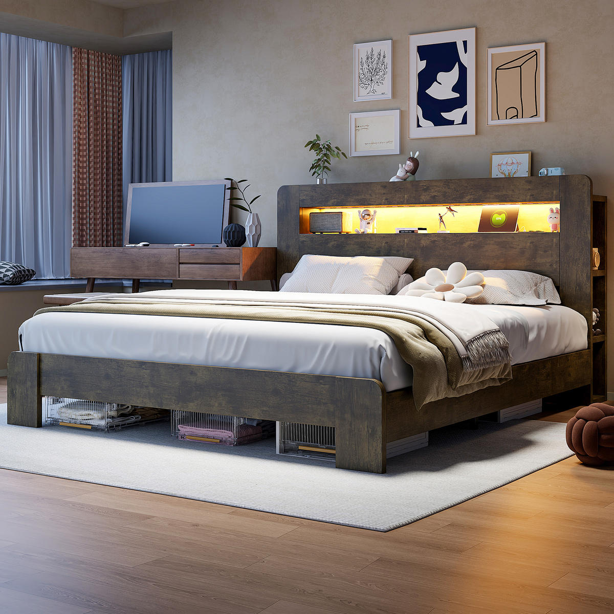 BETT 180/200 cm in Weiß Holz mit Stauraum, LED und Steckdosen - Nussbaumfarben, Holz/Holzwerkstoff (180/200cm) - WISHDOR