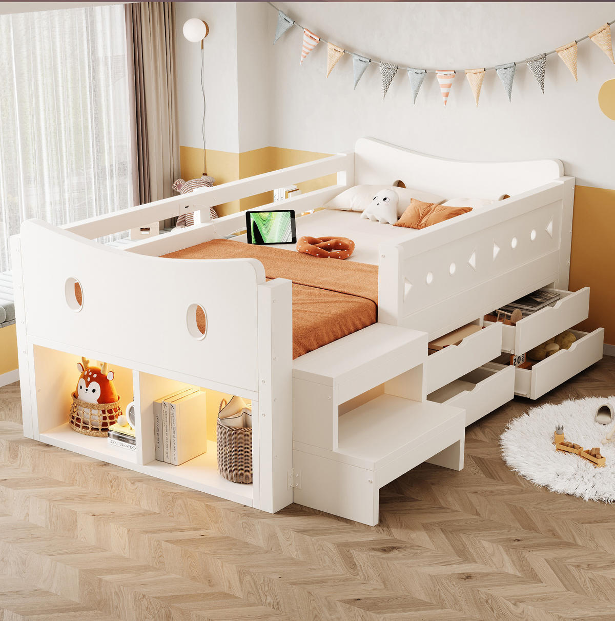 KINDERBETT Holz 90x200 cm Weiß mit Stauraum, Sicherheitsgittern, LED, USB- und Typ-C-Anschluss - Weiß, Holz (90/200cm) - Modfu