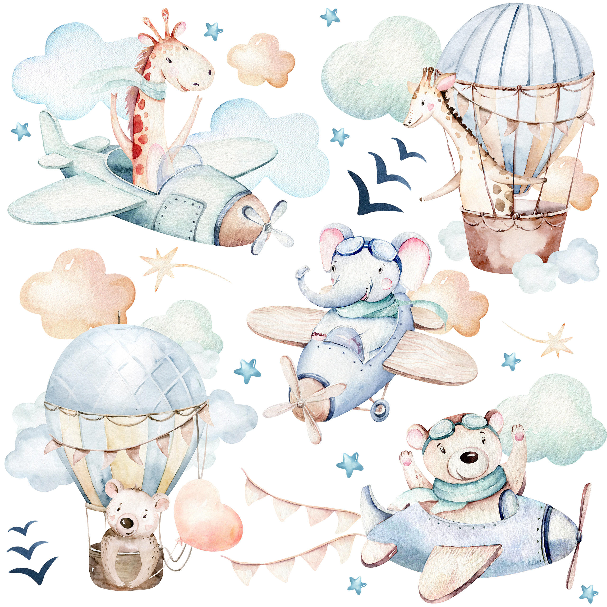 WANDAUFKLEBER SET für Kinder Tiere Wolken Flugzeuge Sterne 60x30 - Gelb/Beige, Papier (60/30/1cm) - Muralo