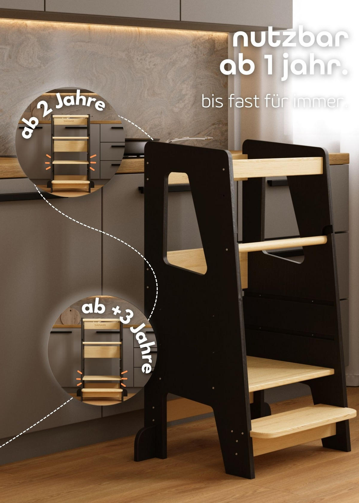 LERNTURM Steppy Höhenverstellbar Montessori Kippschutz schwarz/natur - Schwarz/Naturfarben, Holzwerkstoff (44/90/44cm) - Sämann – make a difference.