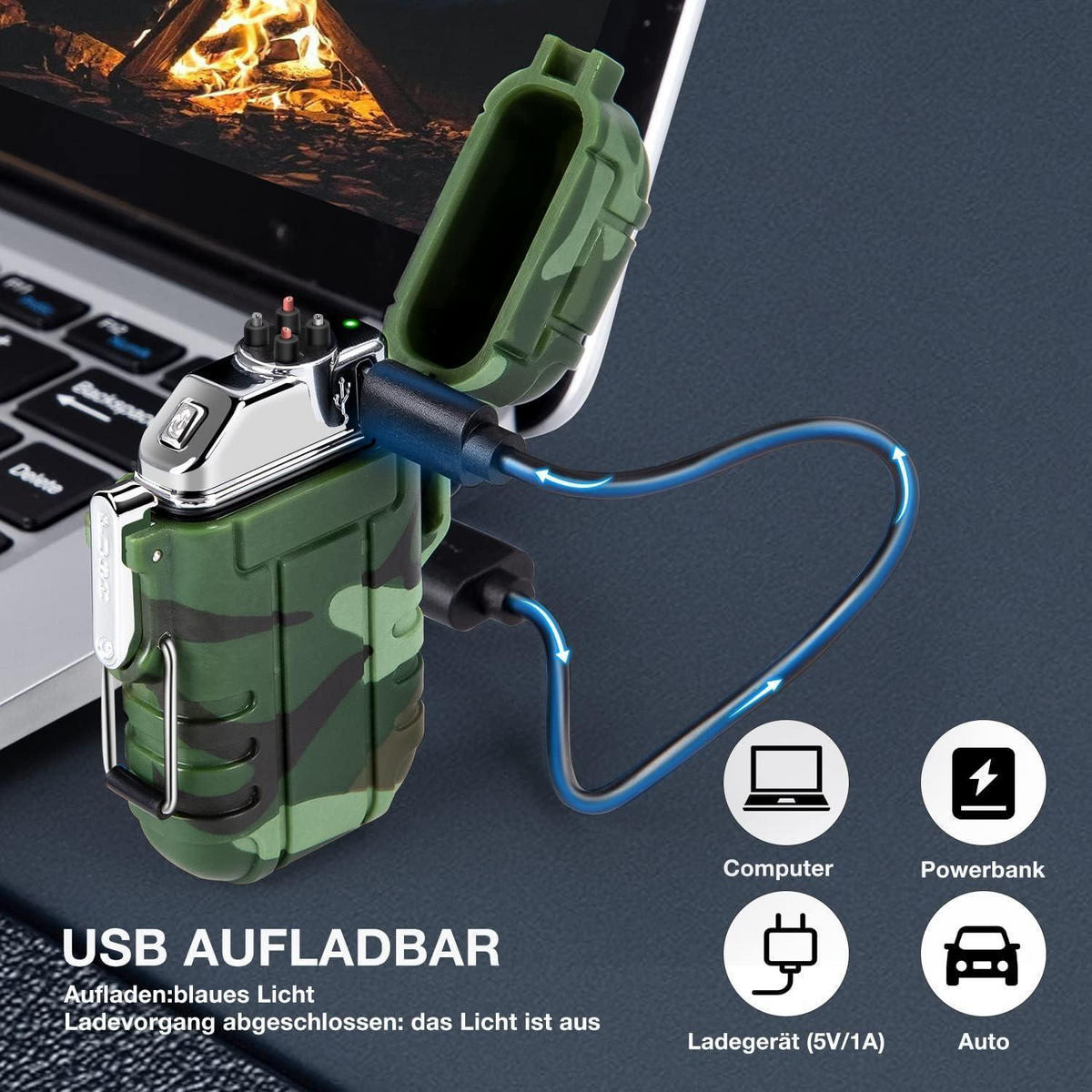 FEUERZEUG Elektrisch Wasserdicht Winddicht USB Wiederaufladbar Tarnung - Multicolor, Kunststoff (11.9/4.6/17.8cm)