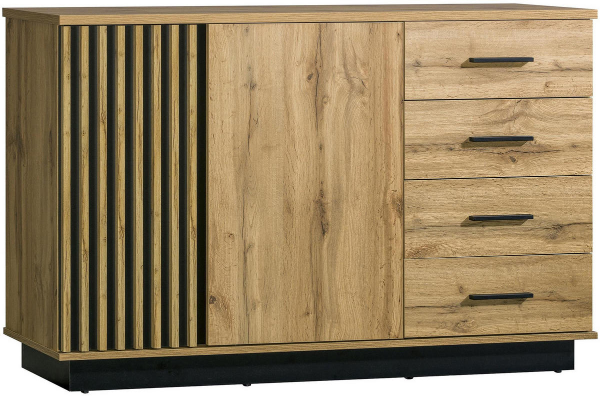 KOMMODE Lamelo Wotan eiche, Zweitürig mit Schubladen - Schwarz/Braun, Holzwerkstoff (141/40/40cm) - Bettso
