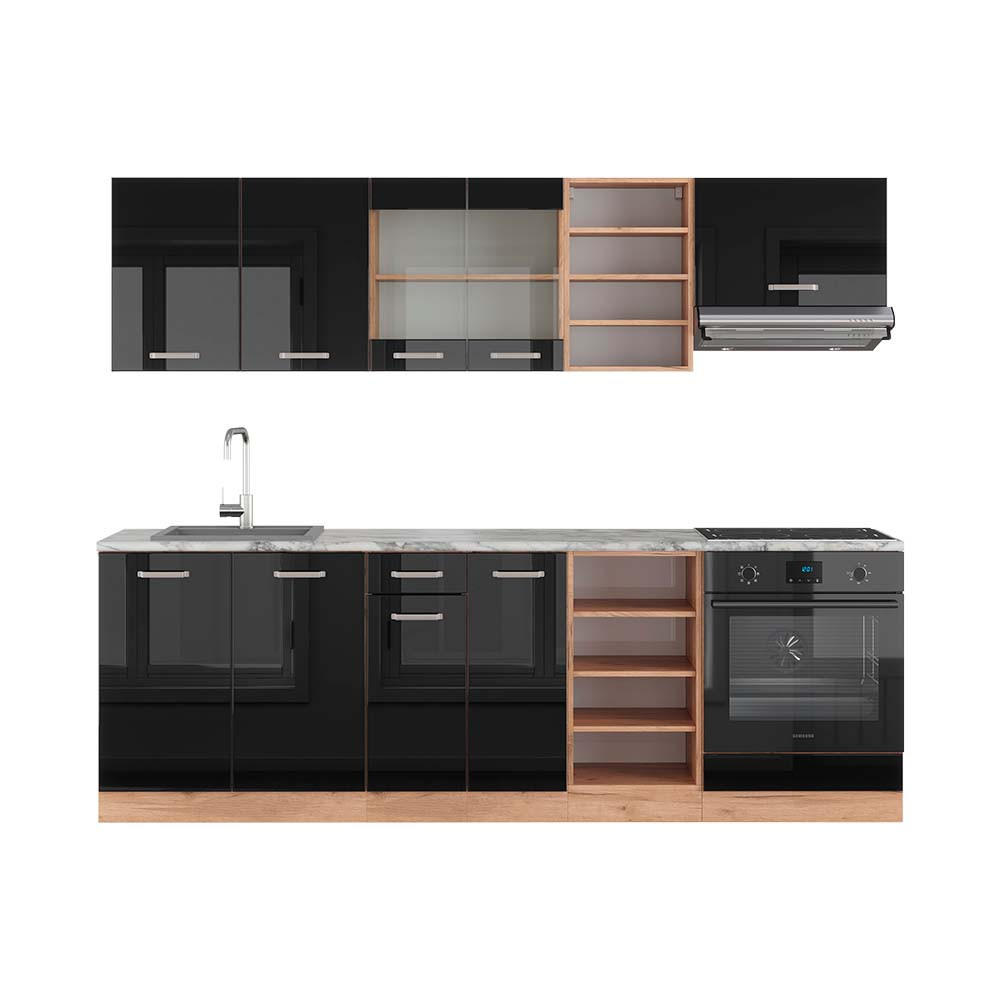 KÜCHENZEILE R-Line Schwarz Hochglanz/Goldkraft Eiche 240 cm, AP Marmor - Schwarz Hochglanz/Eiche Wotan, Holzwerkstoff (240/81.6/60cm) - Vicco