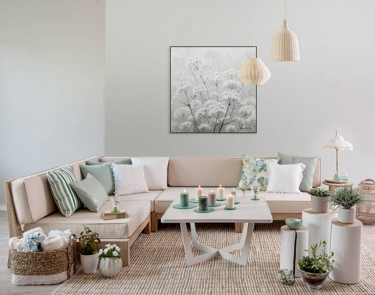 RUČNE MAĽOVANÝ AKRYLOVÝ OBRAZ 80/80 cm, biely/sivý, prírodný a botanický motív - sivá/biela, drevo/textil (80/80cm) - KUNSTLOFT