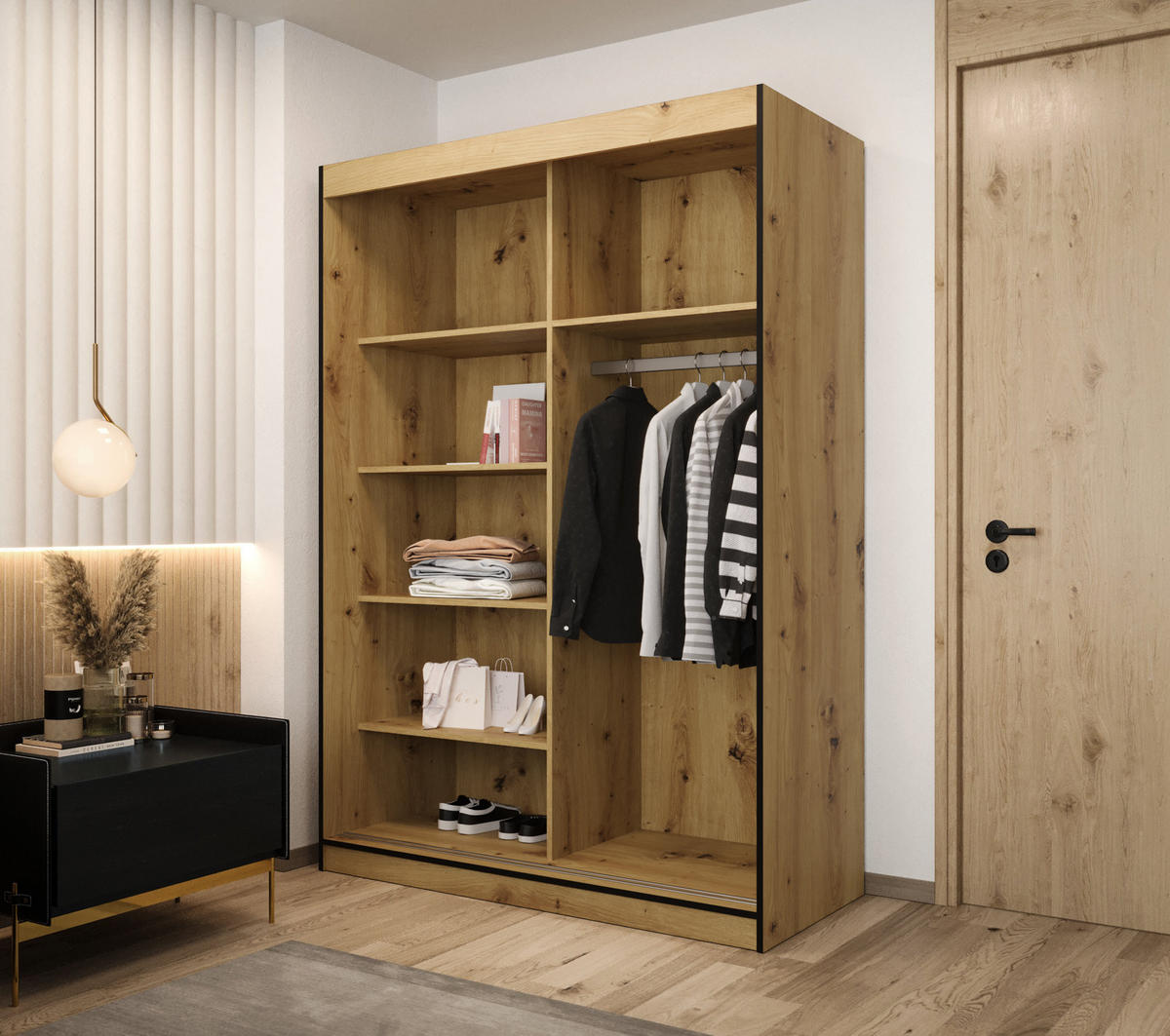SCHIEBETÜRENSCHRANK MODENA 2 150, 2-türig Kleiderschrank mit 1 Spiegel, Moderne Garderobe, Schrank in Größe: 150 x 216 x 65 cm - Schwarz/Braun, Holzwerkstoff (150/216/65cm) - O-Sofa