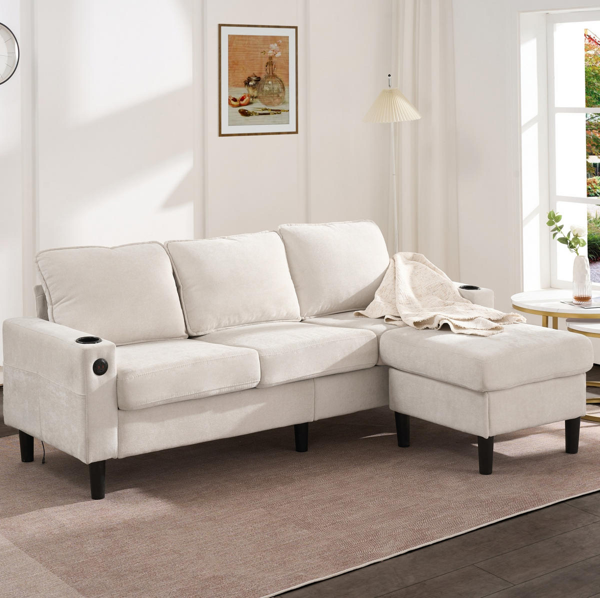 SOFA mit USB und Typ-C 202x137 cm Beige - Beige, Kunststoff (137/202cm) - Meubliv