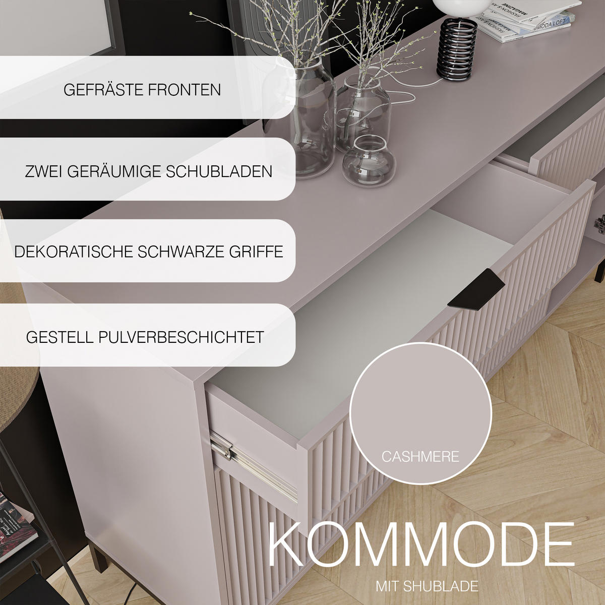 KOMMODE mit 2 Schubladen und 4 Türen, Beige - Kaschmir/Schwarz, Holzwerkstoff/Metall (165.3/86/40.6cm) - Idohome