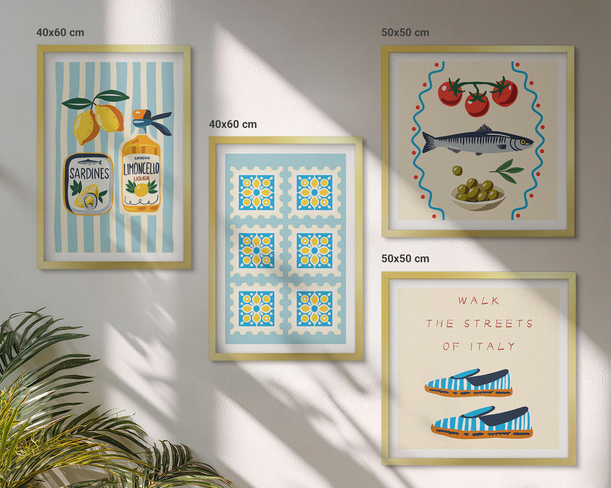 BILDER SET 4er Set - 50x50 cm & 40x60 cm Goldrahmen - Fruchtmuster und italienische Kultur - Goldfarben, Kunststoff (50/50cm) - TULUP