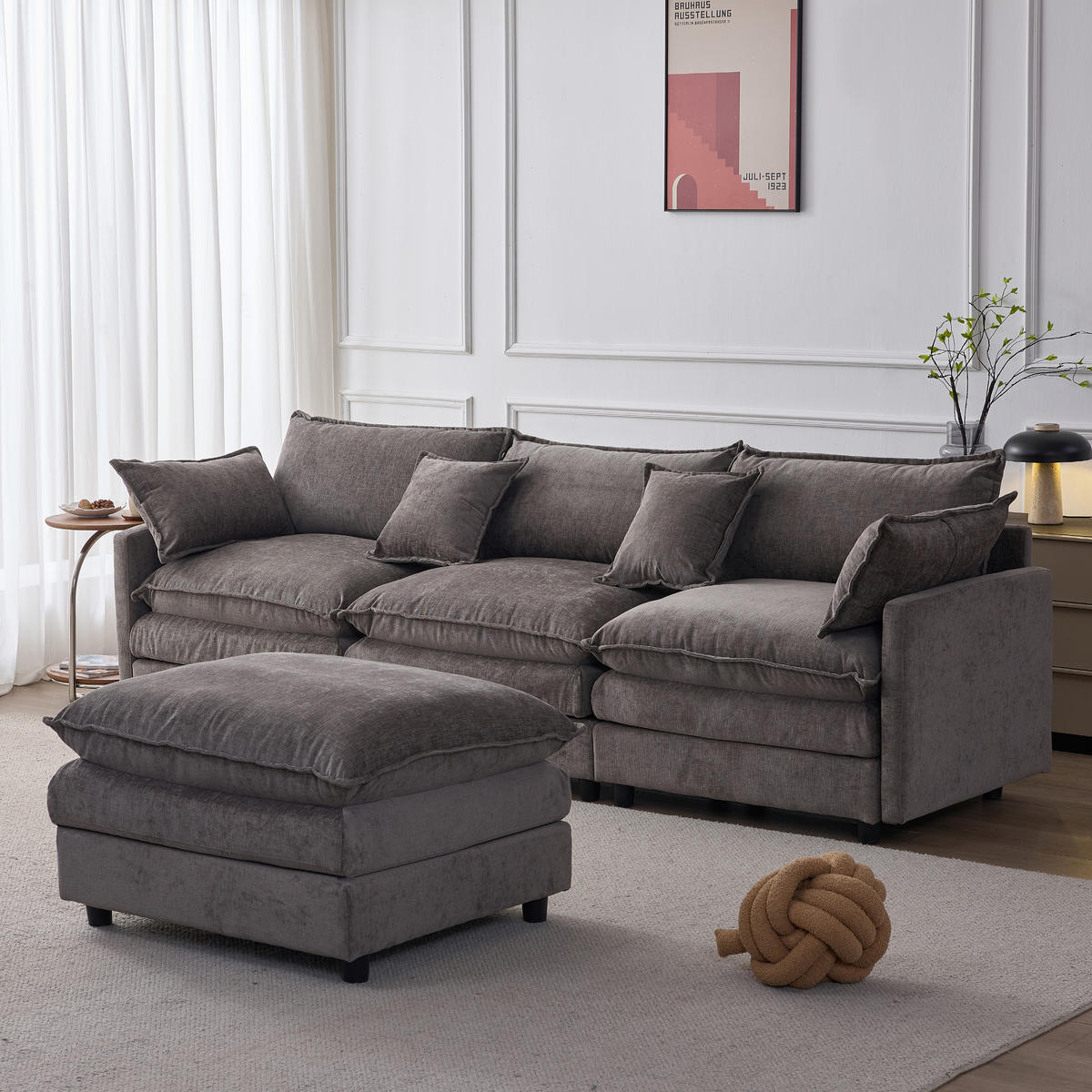 ECKSOFA Chenille Grau mit Hocker und Kissen - Grau, Holzwerkstoff/Kunststoff (267/154cm) - WISHDOR