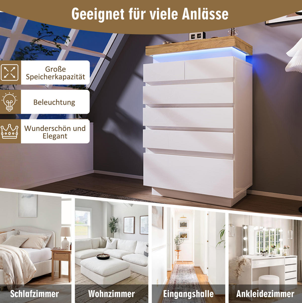 KOMMODE aus Spanplatte und MDF 73x39x115 cm Weiß mit 6 Schubladen und LED-Beleuchtung - Weiß, Holzwerkstoff (73/115/39cm) - IVMEU