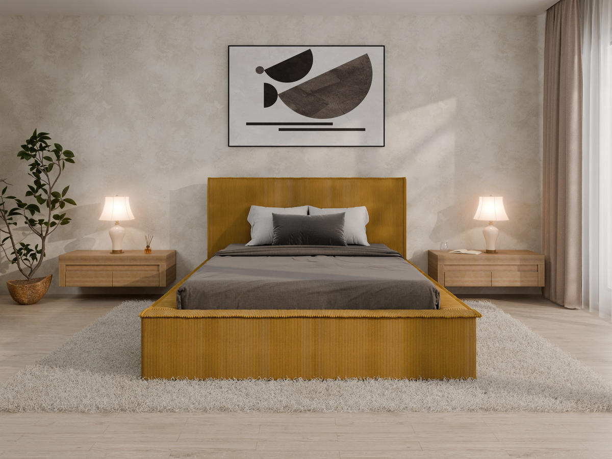 POLSTERBETT SANA 140x200cm Elegantes Polsterbett für modernen Wohnstil , 7-Zonen-Taschenfederkernmatratze mit kokos ARLAN (21 cm), Currygelb - Currygelb, Holz (140/200cm) - Panda Möbel