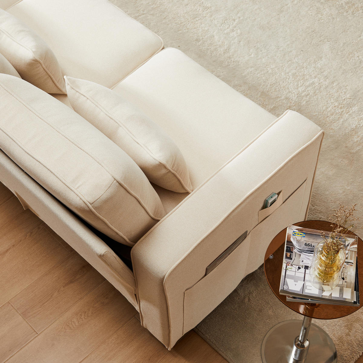 4-SITZER SOFA Leinen Beige mit Kissen und Armlehnentaschen - Beige, Holzwerkstoff/Kunststoff (264/87/83cm) - WISHDOR