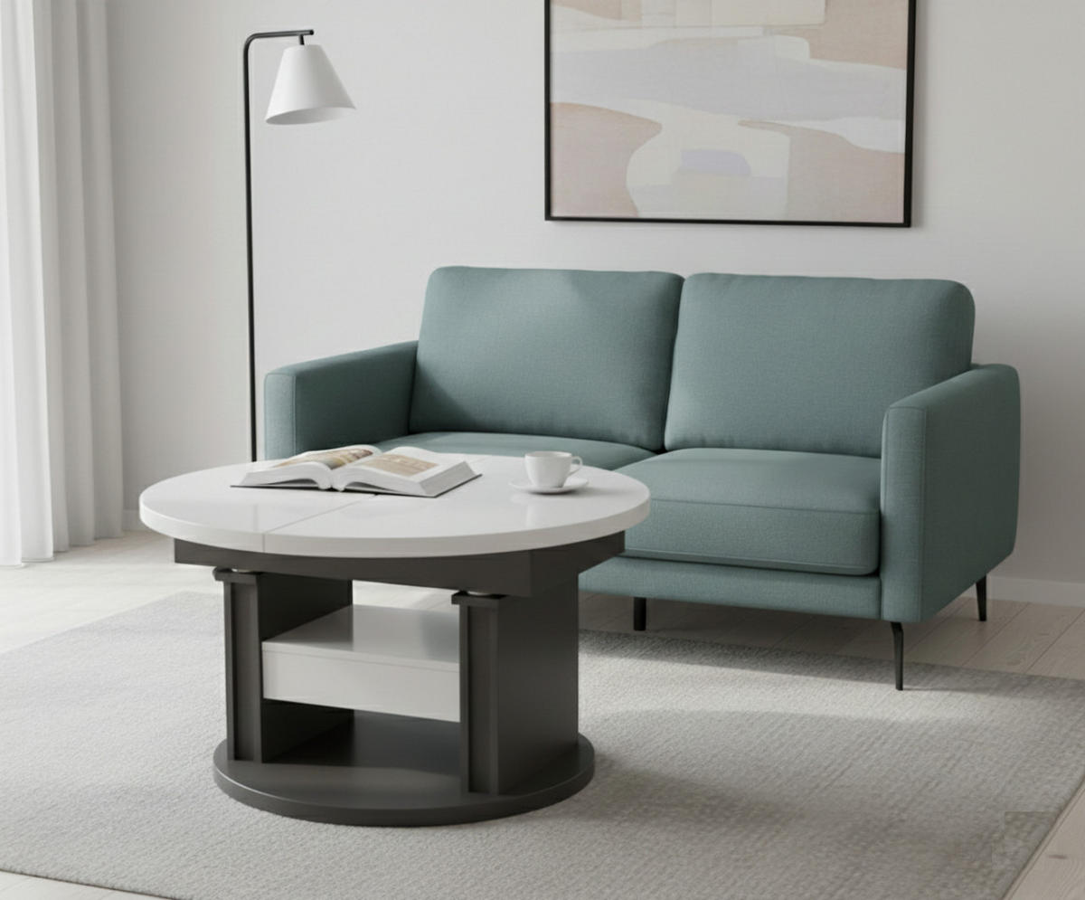 COUCHTISCH rund ausziehbar höhenverstellbar Schubalde 100/100/60 cm - Weiß Hochglanz/Schwarz, Holzwerkstoff (100/100/60cm) - designimpex