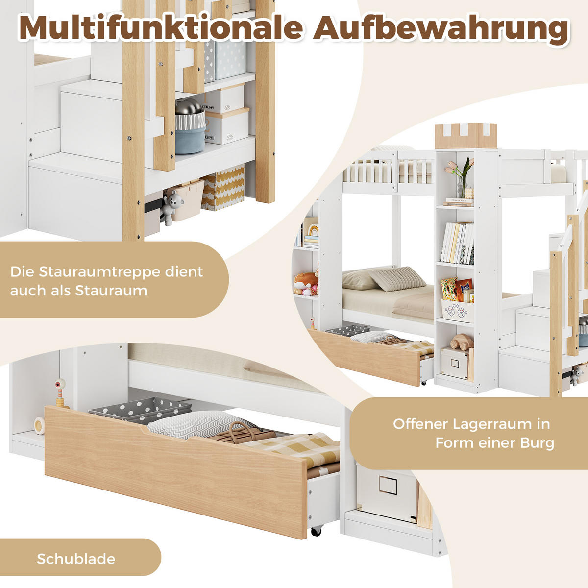 ETAGENBETT 90/200 cm mit Stauraumtreppe, DE-41823, in Weiß - Weiß, Holz (90/200cm) - ComfortXL