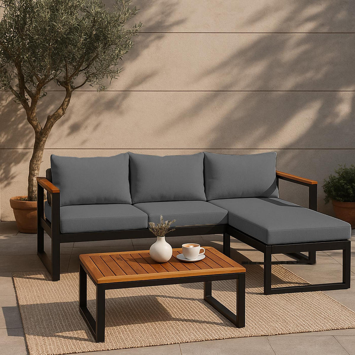 GARTEN-GARNITUR L26B 3ER-SET Braun, Grau - Braun/Grau, Textil - MCW