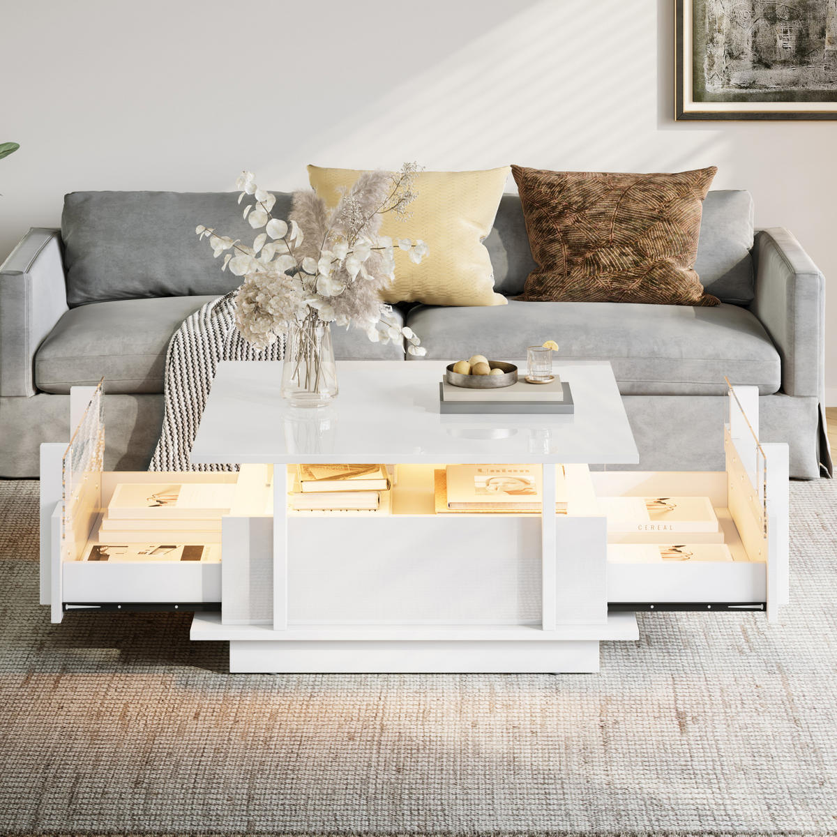 COUCHTISCH 70/70/35 cm mit 2 Schubladen, LED-Beleuchtung und Acrylablagen, Weiß - Weiß, Holzwerkstoff (70/70/35cm) - Redom