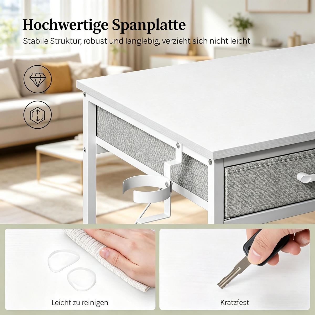COMPUTERTISCH Weiß 120/51/75 cm mit Stoffschubladen und Stromanschluss - Weiß, Holzwerkstoff (51/120/75cm) - PANGIVO