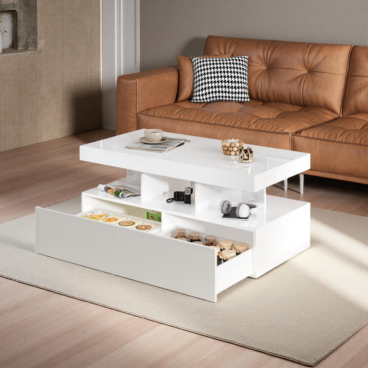 COUCHTISCH hochglanz weiß mit LED und zwei schubladen - Weiß, Metall (104/53/46cm) - SHOPENTRA