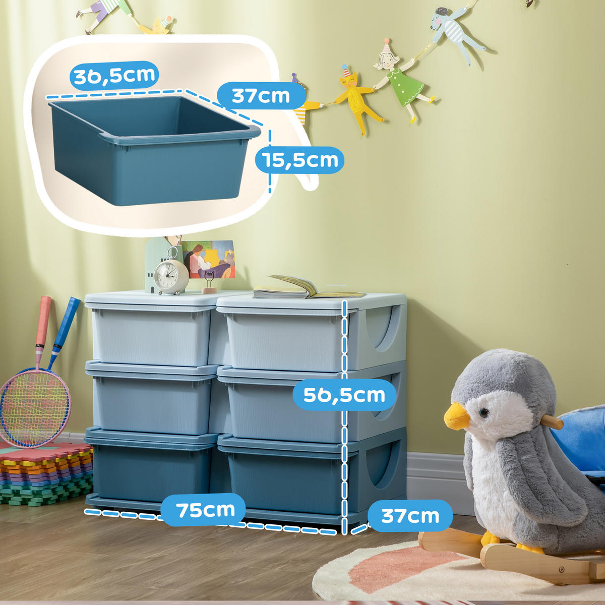 SCHUBLADENSCHRANK für Kinder Aufbewahrungsboxen mit 6 Ebenen Kindermöbel Blau - Blau, Kunststoff (37/56.5/75cm) - HOMCOM