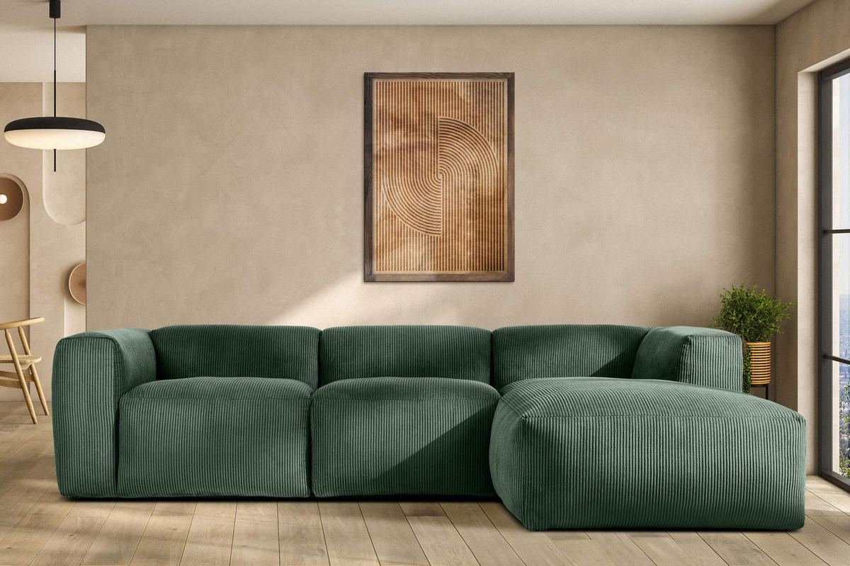 ECKMODULSOFA-RECHTS BUFFO mit extrem weicher und bequemer Sitzfläche, Kordstoff, dunkelgrün - Dunkelgrün, Textil (297/180cm) - KONSIMO®