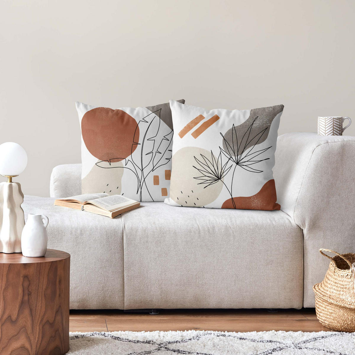 DEKOKISSEN 2er-Set Pflanzenblätter Lineart und Terracotta Farben Set 40/40 cm - Eichefarben, Textil (40/40cm) - Bilderwelten