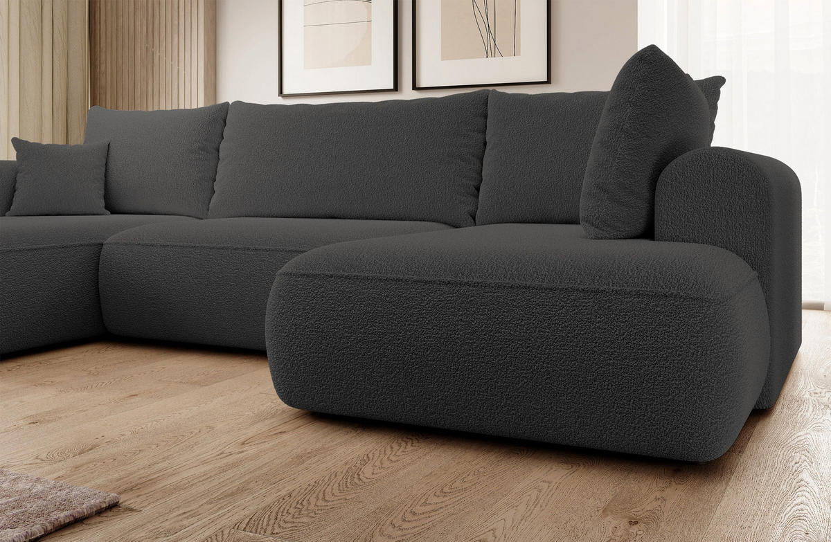WOHNLANDSCHAFT Ovo Dunkelgrau Boucle - Dunkelgrau/Schwarz, Textil (380/95/167cm) - Selsey