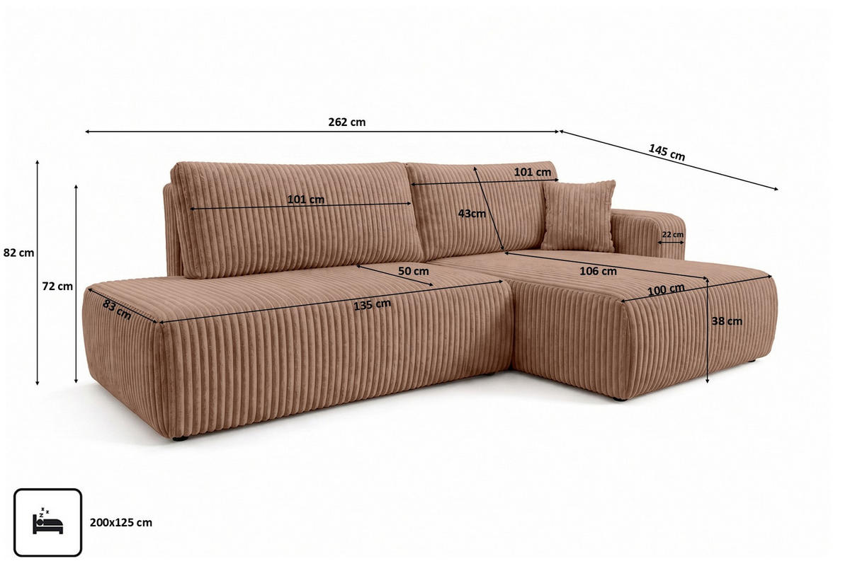ECKSOFA Mit Schlaffunktion Und Bettkasten, Cordstoff Tilia, Braun, Rechts, OPEN XL - Braun, Holz (262/145cm) - Kaiser Möbel