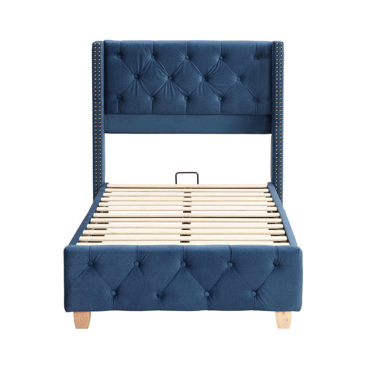 TAPECIRANI krevet 90/200 cm plavi od baršuna s uzglavljem i letvičastom podlogom - plava, tekstil (90/200cm) - OKWISH
