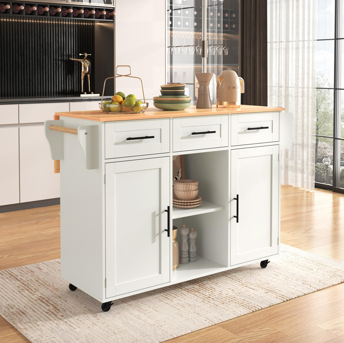 KÜCHENINSEL 139/91,5/46(71) cm Weiß aus MDF mit klappbarer Tischplatte - Weiß, Holzwerkstoff (46/91.5/139cm) - OKMYHOME