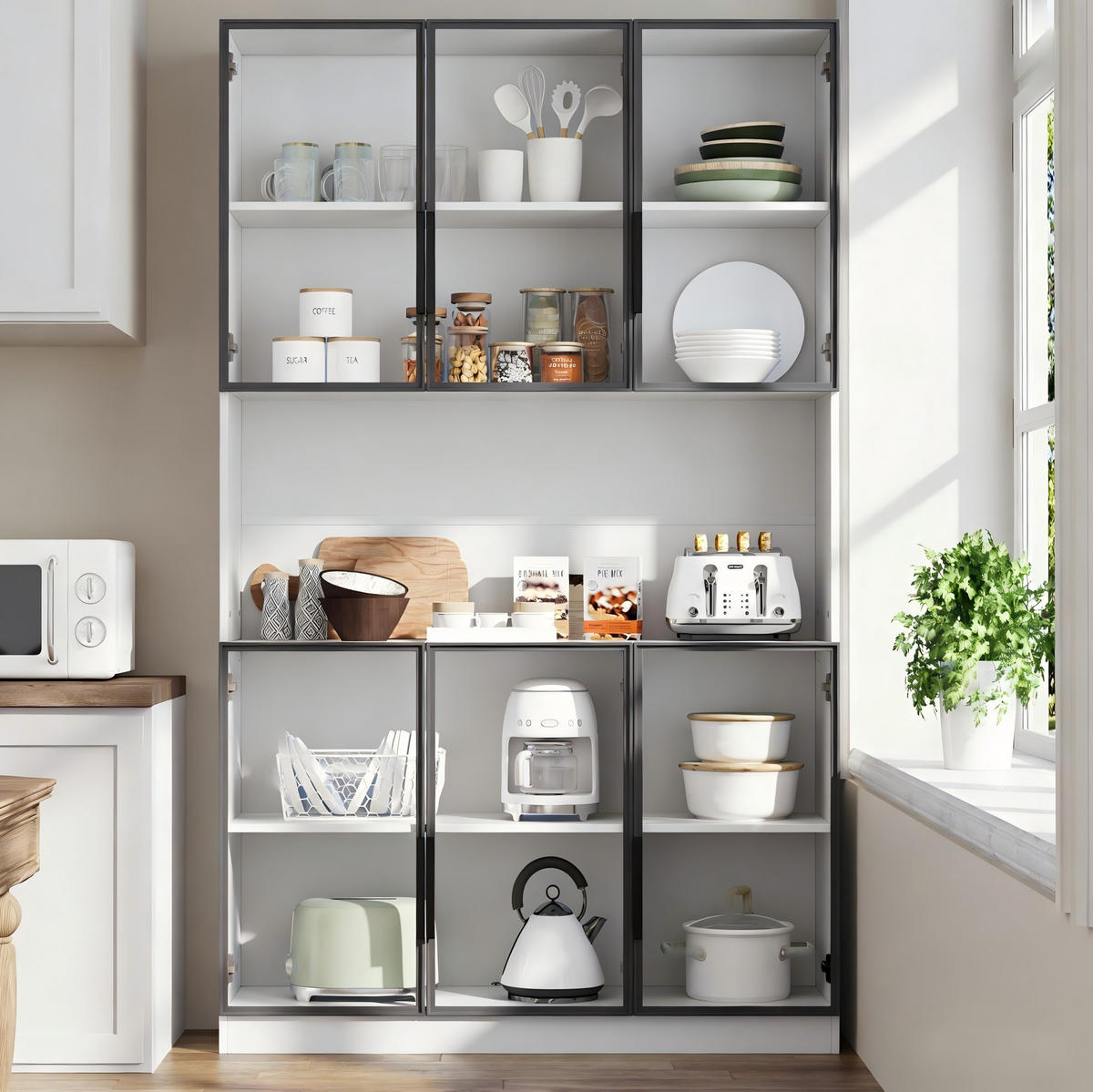 VITRINE 120/34/200 cm aus MDF und Glas mit 6 Türen, LED-Beleuchtung und Soft-Close, Weiß - Weiß, Holzwerkstoff (120/200/34cm) - Redom
