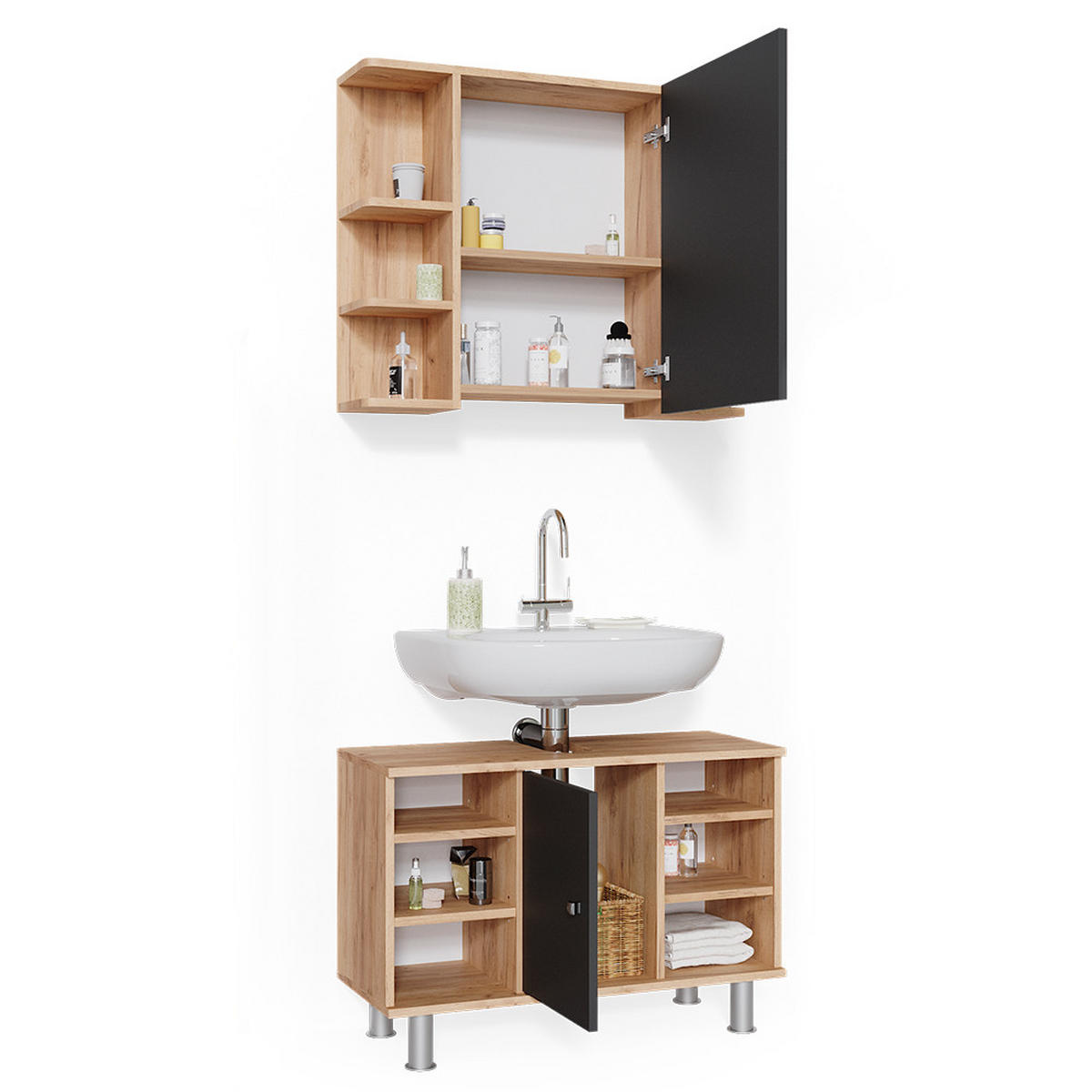BADMÖBEL-SET Fynn Goldkraft Eiche 2 Teile, Unterschrank 80 cm - Anthrazit/Eiche Wotan, Holzwerkstoff (60/54/32cm) - Vicco
