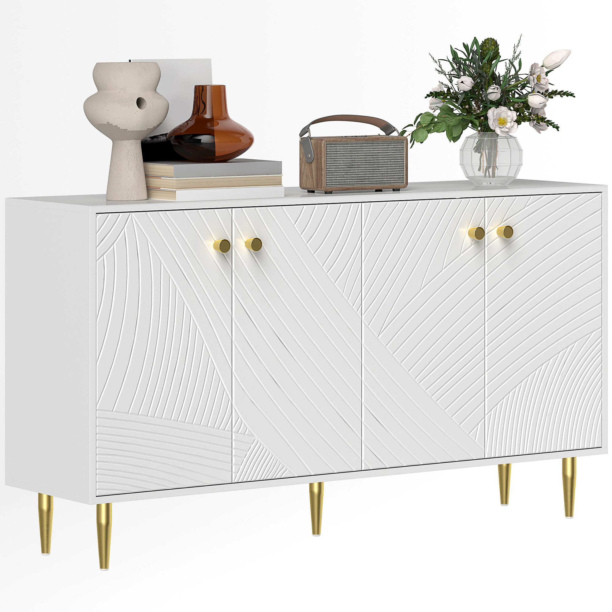 SIDEBOARD DE-11145 Mit verstellbaren Böden & Goldakzenten Weiß - Weiß, Holzwerkstoff (140/77.5/35cm) - ComfortXL