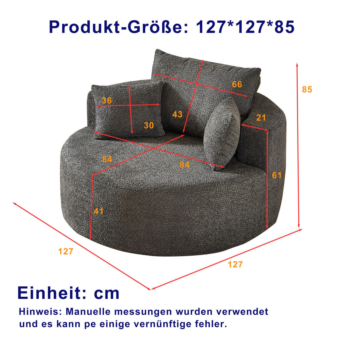 SESSEL aus Chenille Grau ohne Montage mit Rückenlehnenkissen und zylindrischem Kopfkissen - Grau, Textil (127/85/127cm) - Modfu