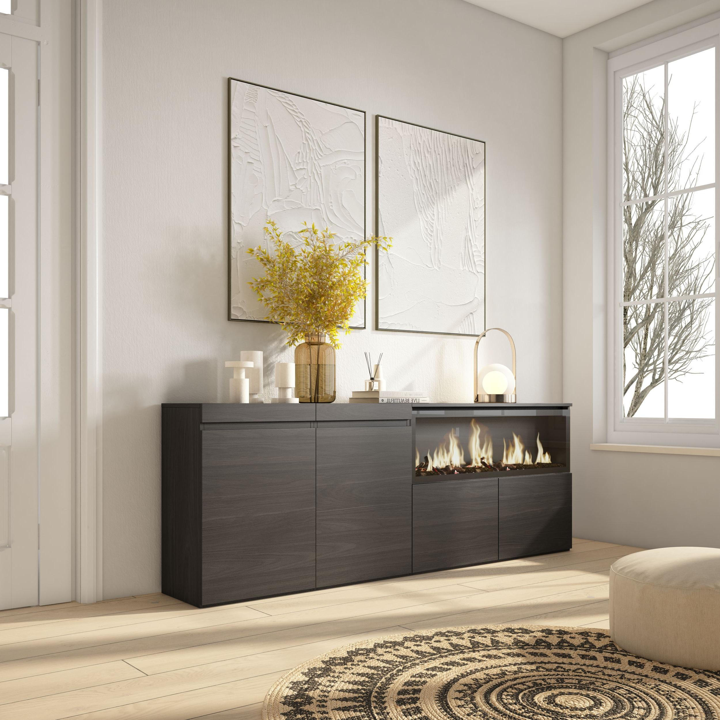 SIDEBOARD Highboard, Elektrokamin XXL, schwarz, 208/35/75cm - Multicolor/Schwarz, Holzwerkstoff (208/75/35cm) - Skraut Home
