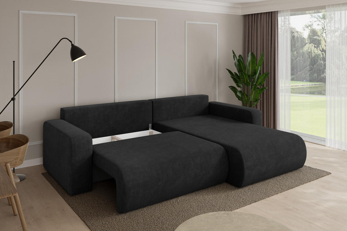ROHOVÁ SEDAČKA s funkcí spaní, otoman vpravo BERY-L 276x193x88 černá velur - černá, kompozitní dřevo/textil (276/193cm) - ALTDECOR
