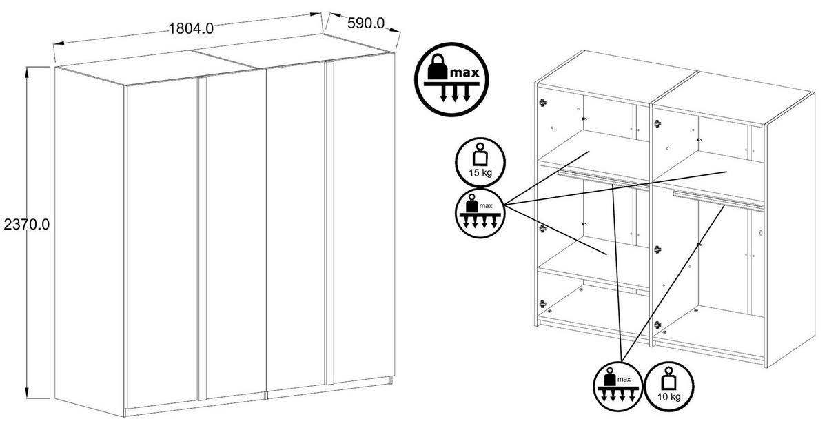 KLEIDERSCHRANK Italia weiß matt / weiß hochglanz 180 / 59 / 237cm - Weiß Hochglanz/Weiß, Holz/Holzwerkstoff (180/237/59cm) - Feldmann-Wohnen