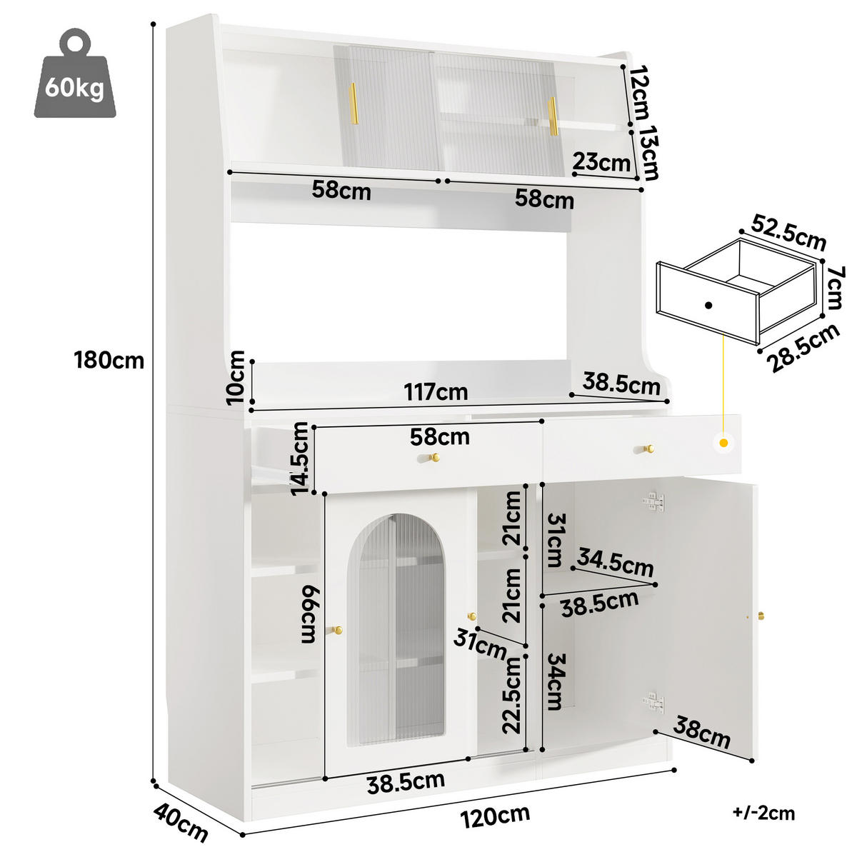 GESCHIRRSCHRANK aus MDF & PB 120x40x180 cm in Weiß mit LED - Weiß, Holzwerkstoff (120/180/40cm) - Modfu