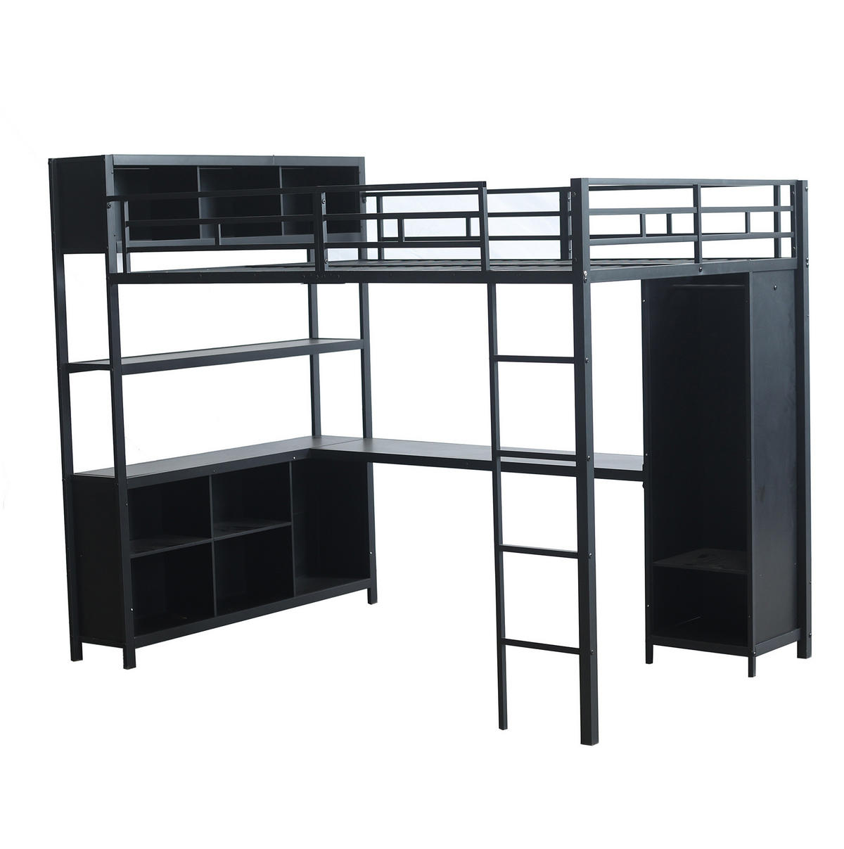 HOCHBETT 140/200 cm mit Schreibtisch, doppeltem Stauraum, Kleiderschrank und 4-stufiger Leiter, Schwarz - Schwarz, Metall (90/200cm) - Redom