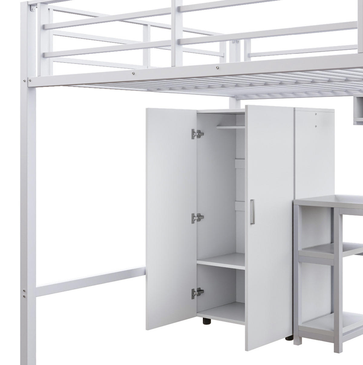 HOCHBETT aus Metall und MDF 140x200 cm Weiß mit Kleiderschrank, Regalen, Ablageleiter und Schreibtisch - Weiß, Metall (90/200cm) - Modfu