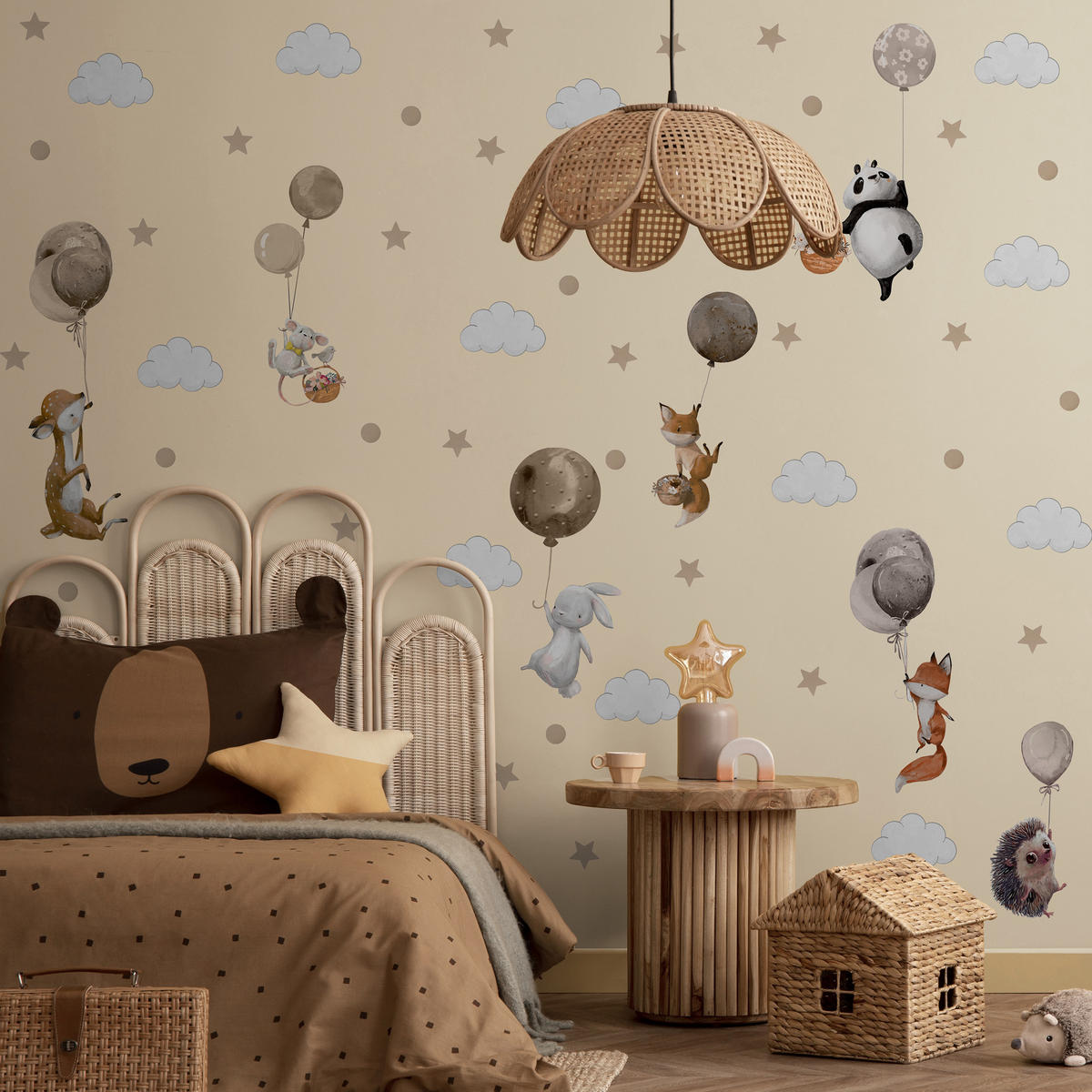 AUFKLEBER SET Tiere Ballons Wolken Sterne Punkte 120x60 - Beige/Schwarz, Papier (120/60/1cm) - Muralo